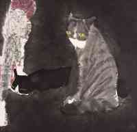 贾平西 2003年作 菊花双猫 镜心
